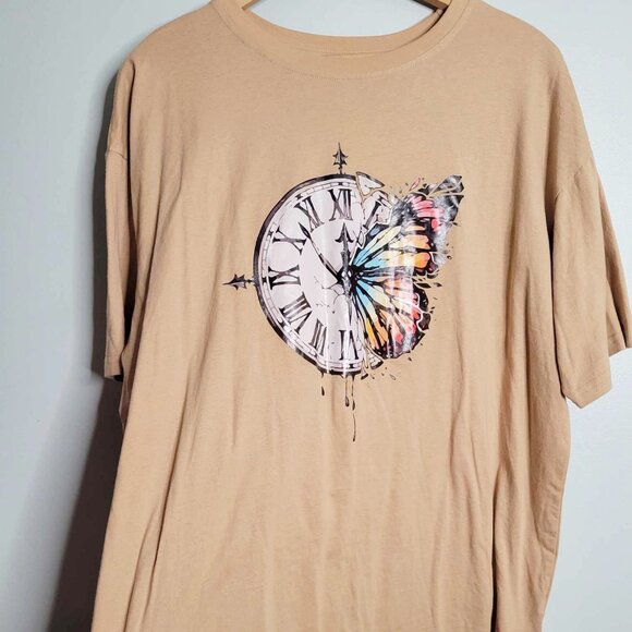 Shein Beige Butterfly Clock Time Flies T-Shirt - Picture 1 of 4